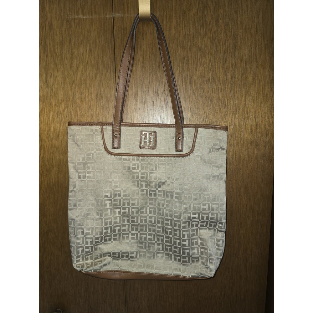 Tommy Hilfiger  TH‎ Logo Brown Beige Shopper Tote Shoulder Hand Bag